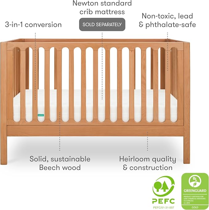 Newton Baby Galileo Standard Crib, Solid Beech Wood in Chestnut Color, 3-in-1 Convertible Crib with Toddler Bed Conversion Kit, Baby-Safe Finish