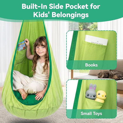 Y-STOP Kids Pod Swing Seat, Hanging Hammock Chair with Inflatable Pillow, Sensory Swing Chair with Pocket for Indoor and Outdoor(Green)
