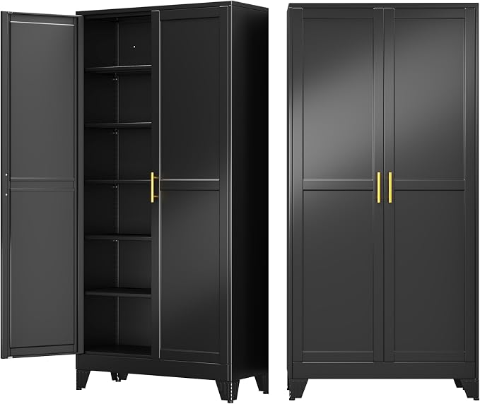 75" Metal Garage Storage Cabinet with 2 Doors and 5 Adjustable Shelves,Metal Storage Cabinets,Steel Tool Cabinets for Home,Office,Garage,Warehouse (Black, 75''H x 36''W x 18''D)