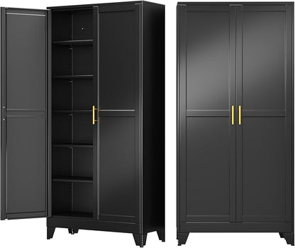 75" Metal Garage Storage Cabinet with 2 Doors and 5 Adjustable Shelves,Metal Storage Cabinets,Steel Tool Cabinets for Home,Office,Garage,Warehouse (Black, 75''H x 36''W x 18''D)