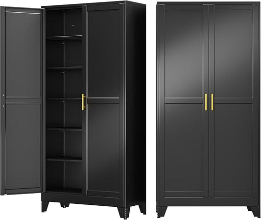 75" Metal Garage Storage Cabinet with 2 Doors and 5 Adjustable Shelves,Metal Storage Cabinets,Steel Tool Cabinets for Home,Office,Garage,Warehouse (Black, 75''H x 36''W x 18''D)