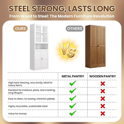 Metal Pantry Cabinet, 72" Kitchen Pantry Cabinet with 2 Doors and 4 Adjustable Shelves, White Steel Storage Cupboard for Dining, Office, Living Room, Bathroom