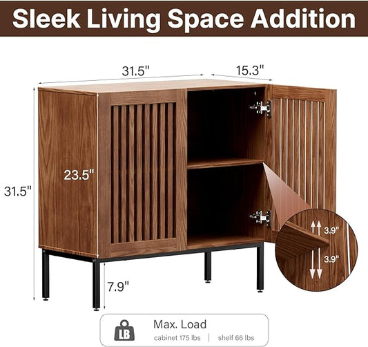 BVIUNTWO Storage Cabinet, Modern Coffee Bar with Adjustable Shelf and Metal Base, 32 Inch Wood Multifunctional Console Table for Kitchen, Living Room, Entryway, Brown