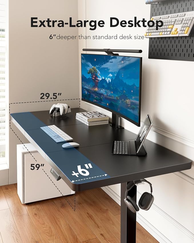 HUANUO 60x30 Inch Electric Standing Desk, Height Adjustable, Natural | Spacious Gaming Electric Desk, 220lbs Carbon Steel Frame with <55dB Brushless Motor & 4 Height Presets. Ships in 2 Packages