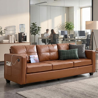 TYBOATLE 88" W Faux Leather Couches for Living Room w/Side Pockets, Tufted Mid-Century Modern Comfy Leather Couch w/USB and Wider Arms, 3 Seater Sofa for Office, Apartment, Bedroom, Brown