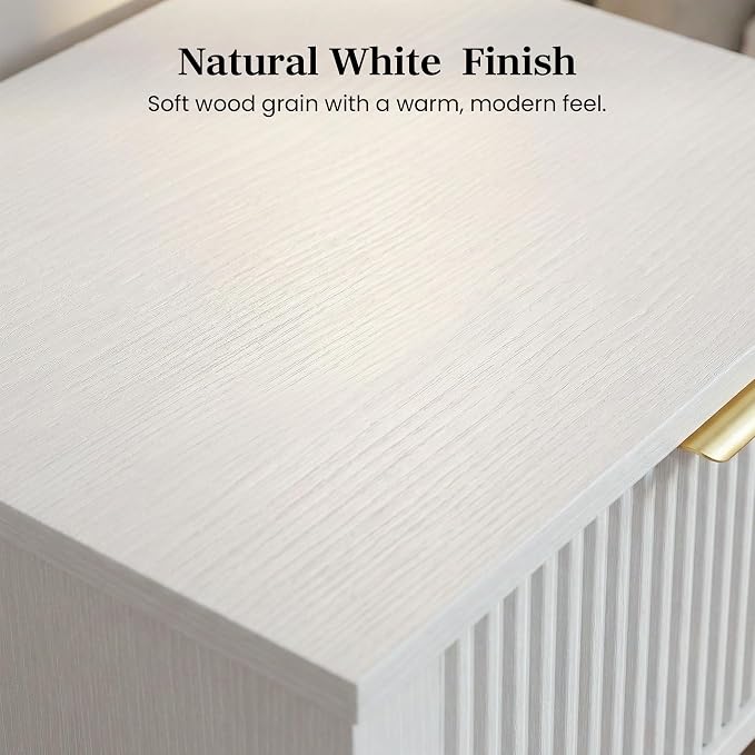 White 15" Wide Small Nightstands Set of 2, Drawer Shelf, Fluted Front | Matching pair, slim 11.8-inch depth, drawer and lower shelf each, bright storage for both sides of a bed or guest room