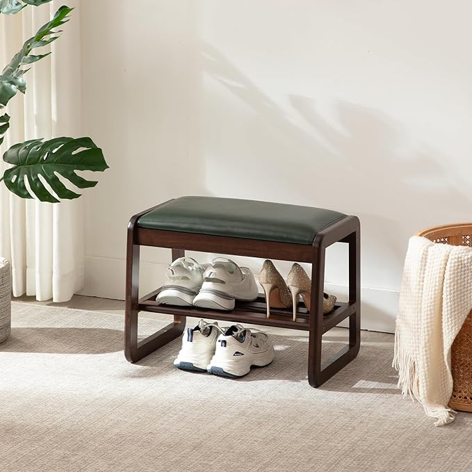 Achicsofar Small Shoe Rack Bench,2 Tier Solid Wooden Entryway Bench(Green) | with Shoe Storage, Shoe Rack with Cushion, for Living Room, Hallway, Garage, 11.8"D x 21.6"W x 16.5"H
