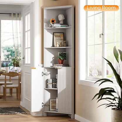 VINGLI Tall Corner Cabinet with Fluted Doors, 68" White Corner Storage Cabinet with Adjustable Shelves, Freestanding Wood Corner Bookshelf for Bathroom, Living Room & Kitchen, Space-Saving