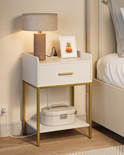 Masupu Nightstand with Charging Station,3-Tier Modern Bedside Night Stand with Storage Drawer and Shelf,Small End Side Table for Bedroom,Living Room,White
