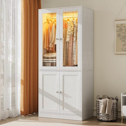 VOWNER 75" Tall Armoire Wardrobe Closet with Drawers & Lights, Clothing Storage Cabinet with 2 Glass Doors & Hanging Rod, Wooden Armoire Storage Cabinet for Bedroom (White Oak, 2 Doors)