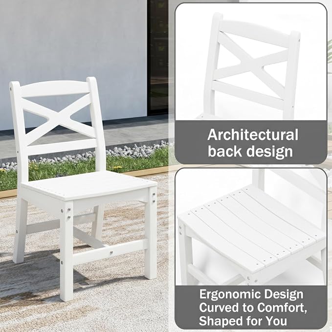Outdoor Armless Dining Chairs Set of 4,HDPE Patio Chairs with Wide Seat,All-Weather HDPE Patio Armless Chairs for Porch, Backyard, Deck, White,Table not Included