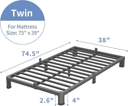 VIPSHOW 4 Inch Twin Size Bed Frame, 3500Lbs Heavy Duty Metal Platform with Round Corner Legs Mattress Slide Stopper, Steel Slat Support No Box Spring Needed, Noise Free, Non-Slip, Easy Assembly