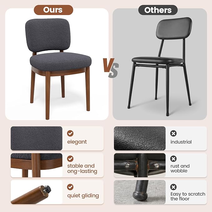 Wooden Dining Chairs Set of 6, Boucle Upholstered Kitchen Chairs with Solid Wood Legs, Mid Century Modern Dining Chairs, Farmhouse Side Chair with Hardwood Frame for Dining Room, Dark Gray