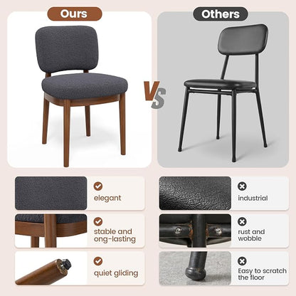 Wooden Dining Chairs Set of 6, Boucle Upholstered Kitchen Chairs with Solid Wood Legs, Mid Century Modern Dining Chairs, Farmhouse Side Chair with Hardwood Frame for Dining Room, Dark Gray