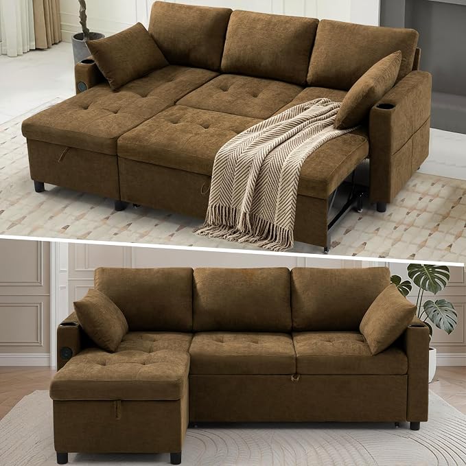 84" L-Shape Reversible Sectional Sofa Bed w/USB Port, Light Brown | Upholstery Sleeper Couch w/Adjustable Backrests & Storage Chaise, Chenille Modern Sofa w/Pull-Out Bed for Living Room