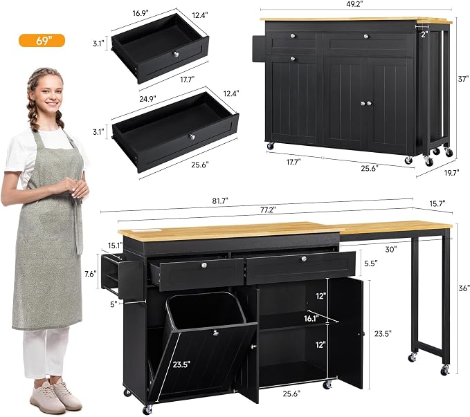 ONBRILL Kitchen Islands with Extendable Dining Table, 81.7" Mobile Kitchen Storage Islands, Rolling Kitchen Cart with Trash Cabinet, Power Outlet, Spice Rack & Towel Rack, Black