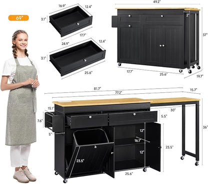 ONBRILL Kitchen Islands with Extendable Dining Table, 81.7" Mobile Kitchen Storage Islands, Rolling Kitchen Cart with Trash Cabinet, Power Outlet, Spice Rack & Towel Rack, Black