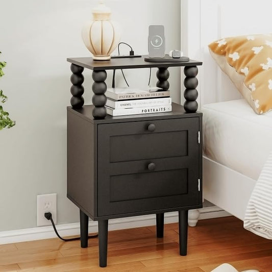 Black Nightstand with Outlet,Storage Drawer and Open Wood Shelf,Wood Legs | Mid-Century Modern Bedside Table for Bedroom and Small Spaces,Easy Assembly Solid Wood Legs