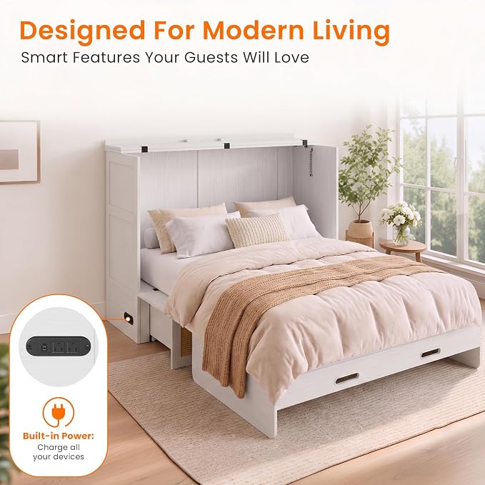 CECER Queen Size Murphy Bed with Mattress for Guest/Small Space-White | Built-in Multi-Port Charging Station ＆ Large Storage Drawer，Space Saving ＆ Easy Assemble and Conversion