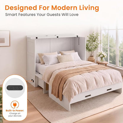 CECER Queen Size Murphy Bed with Mattress for Guest/Small Space-White | Built-in Multi-Port Charging Station ＆ Large Storage Drawer，Space Saving ＆ Easy Assemble and Conversion