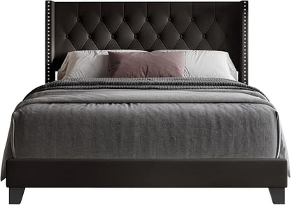 HOME DESIGN Homer Queen Tufted Wingback Upholstered Panel Bed with 2 Matching 1 Drawer Nightstands, Bedroom Furniture Set with Open Shelf Storage, Brown Black
