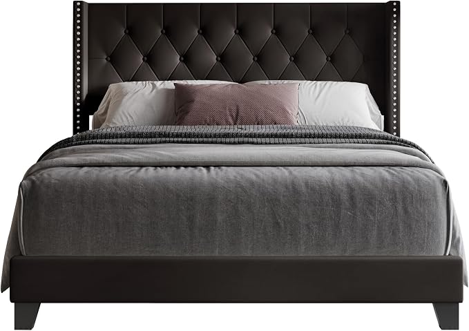 HOME DESIGN Homer King Tufted Wingback Upholstered Panel Bed with 2 Matching 1 Drawer Nightstands, Bedroom Furniture Set with Open Shelf Storage, Brown Black