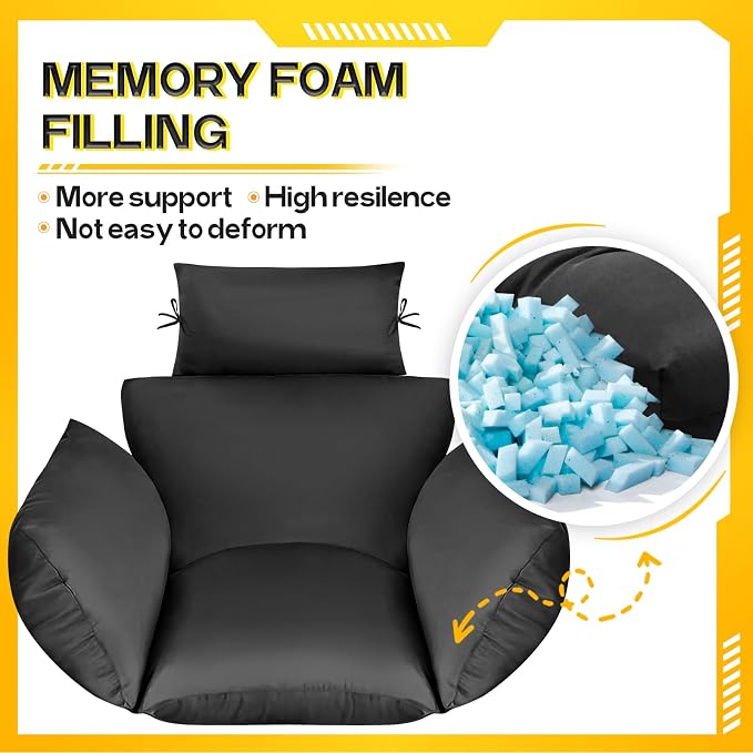 MAGIC ELEPHANT Egg Chair Cushion, Memory Foam Indoor Outdoor Hanging Egg Chair Cushion Replacement, Patio Basket Swing Cushion with Headrest (Black)