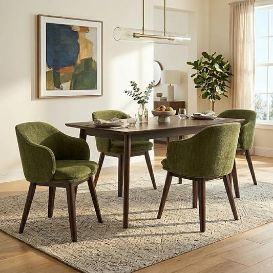 KISLOT Wooden Dining Chairs Set of 4, Fabric Upholstered Modern Dining Room Chairs with Barrel Backrest & Double-Layer Thick Cushion for Living Room, Restaurant, Kitchen and Café, Green, 2 Boxs