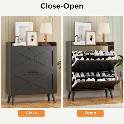 Homleke Farmhouse Shoe Storage Cabinet with Flip Drawers & Barn Door Design | Slim Narrow Shoe Rack Cabinet with Adjustable Shelves & Hidden Storage for Entryway, Foyer, Hallway, Living Room, Black