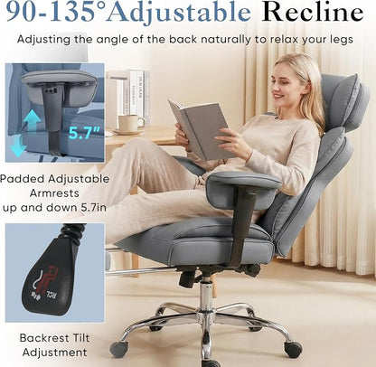 DUMOS Big and Tall Home Office Desk Chair, Ergonomic Executive Chair with Footrest, Computer Gaming Chairs with High Back Reclining, Adjustable Armrests and Comfy Lumbar Support, PU Leather, Grey