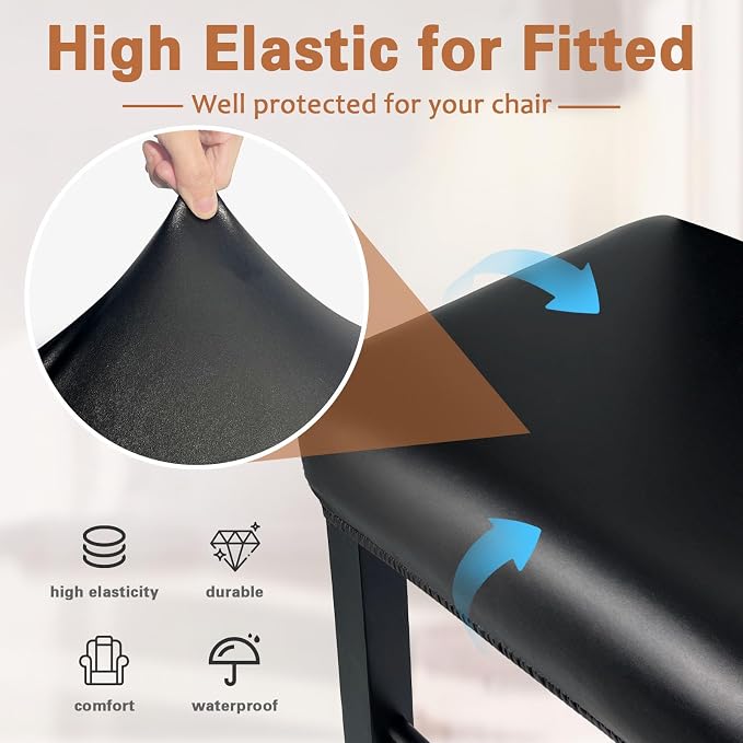PU Leather Bar Stool Covers Rectangular, 100% Waterproof Stool Covers Rectangle Super Stretch 20% Thicker Leather Saddle Stools Cover Rectangular Counter Bar Stools with Elastic Band (2 PCS, Black)