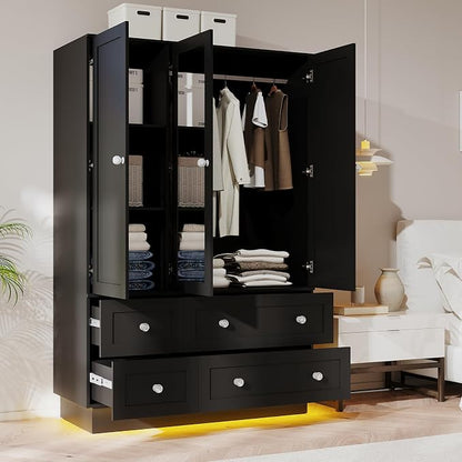 VOWNER Wardrobe Closet with 3 Doors Bedroom Armoire with Mirror & 4 Drawers | Large Capacity Storage Closet with LED Light and Hanging Rod for Bedroom, Black 47" L