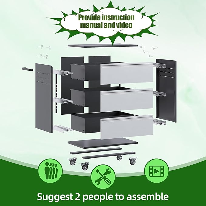 Aobabo Metal Rolling Tool Storage Cabinet with Drawers, Side Pegboards, Left Handle, Lockable Casters, Garage Workshop Utility Cart, 18.11 D x 30.3 W x 35.4 H Inches,Assembly Required