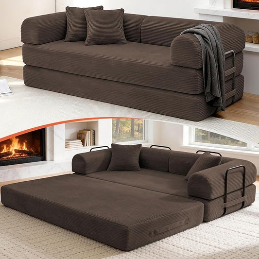 78.8" Memory Foam Boneless Couch, Corduroy Floor Sofa Bed, Convertible Sleeper Futon Loveseat, Wide Armrests & Back Support, Supports Up to 1200 lbs, Couch in a Box with 2 Pillows, Brown