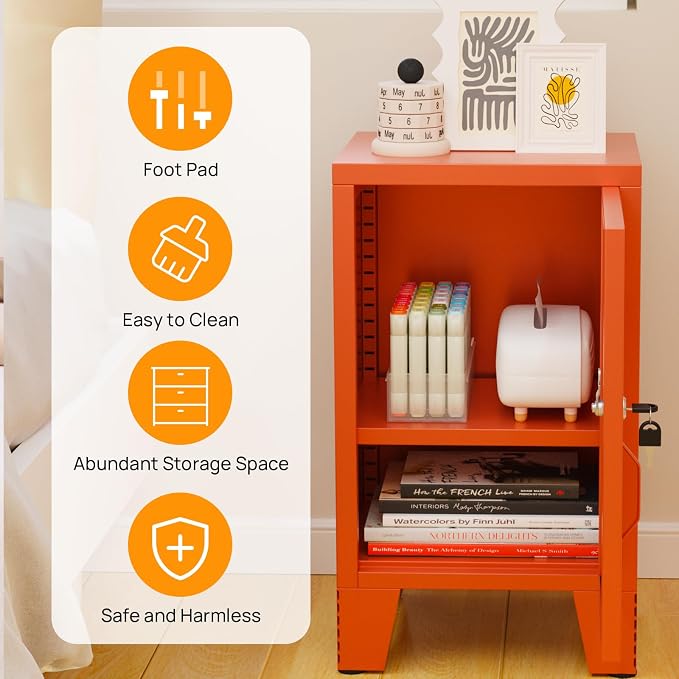 ALBAD Metal Nightstand with Lockable Cabinet, Compact Mini Locker Bedside Table for Kids & Adults, Modern Steel Side Table for Bedroom, Dorm, or Living Room (Orange)