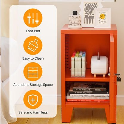 ALBAD Metal Nightstand with Lockable Cabinet, Compact Mini Locker Bedside Table for Kids & Adults, Modern Steel Side Table for Bedroom, Dorm, or Living Room (Orange)