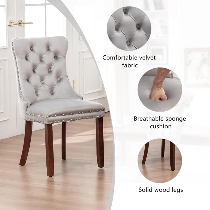 Hixkol Velvet Dining Chairs Set of 4,Upholstered Dining Chairs with Ring Pull Trim and Button Back,Modern Seating for Kitchen, Bedroom & Living Room(Light Gray)