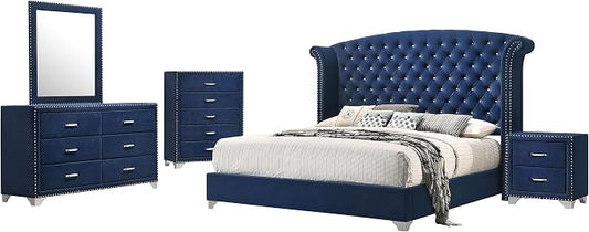Coaster Home Furnishings Melody Modern Classic 5-Piece Bedroom Set Velvet Upholstered California King Size Wingback Bed Frame 66-inch Headboard Pacific Blue 223371KW-S5