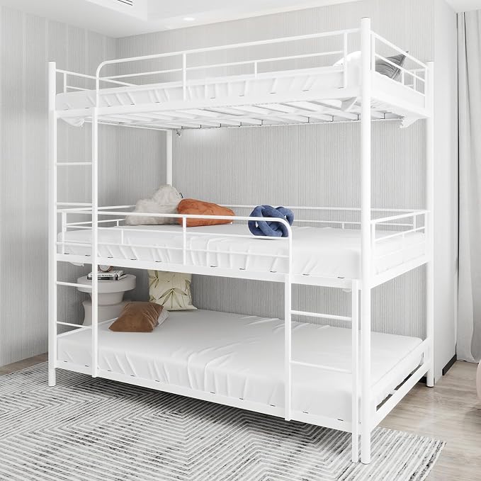 Triple Bunk Bed, Heavy Duty Twin Over Twin Over Twin Metal Bunkbeds with Guardrails, Ladder, 3 Bunk Beds, Bedroom, No Box Spring Needed, Easy Assembly,White