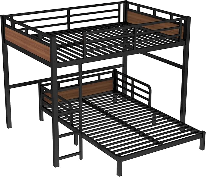Full Over Full Metal Bunk Bed, Heavy Duty Convertible Bunk Bed Frame with Headboard & Full Guardrails, Can Be Split into Two Platform Beds or Loft Bed,Walnut