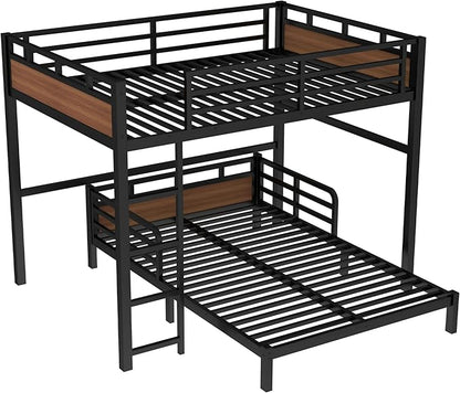 Full Over Full Metal Bunk Bed, Heavy Duty Convertible Bunk Bed Frame with Headboard & Full Guardrails, Can Be Split into Two Platform Beds or Loft Bed,Walnut