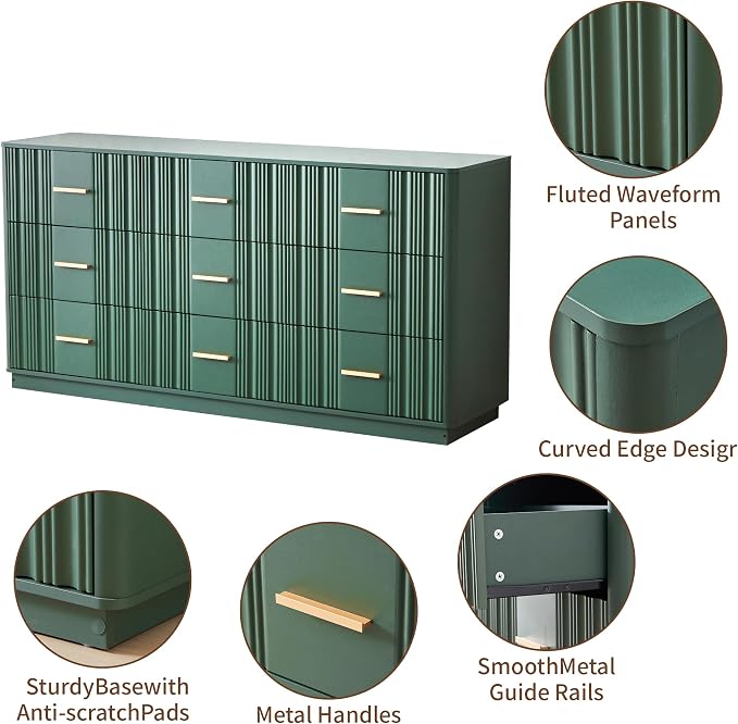 Fluted Dresser for Bedroom with 9 Drawers, 59" Wide Mid Century Modern Chest of Drawers, Wooden Dresser TV Stand, Wood Closet Clothes Storage Organizer for Living Room Hallway, Green