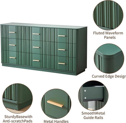 Fluted Dresser for Bedroom with 9 Drawers, 59" Wide Mid Century Modern Chest of Drawers, Wooden Dresser TV Stand, Wood Closet Clothes Storage Organizer for Living Room Hallway, Green
