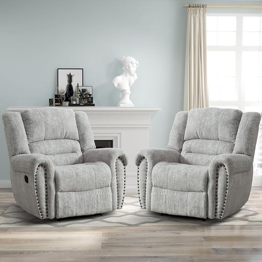CANMOV Manual Recliner Chair Set of 2, Classic and Traditional Manual Recliner Chair with Comfortable Arms and Back Single Sofa for Living Room, White Grey