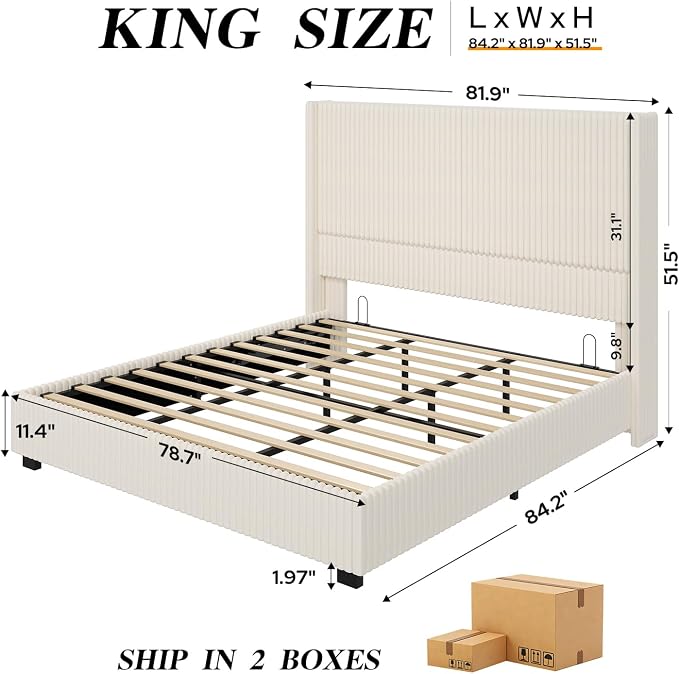 UNIQUITE King Size Lift Up Storage Bed Frame with 51 Inch Tall Wingback Headboard, Corduroy Upholstered Platform Bed with Hydraulic Storage, 2 USB Ports, No Box Spring Needed, Noise-Free, Beige