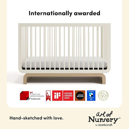 Storkcraft Santorini 5-in-1 Convertible Crib with Toddler Guardrail – GREENGUARD Gold Certified, Conversion Kit Included, 100% Solid Wood, Fits Standard Crib Mattress (Frosted Oat and Driftwood)