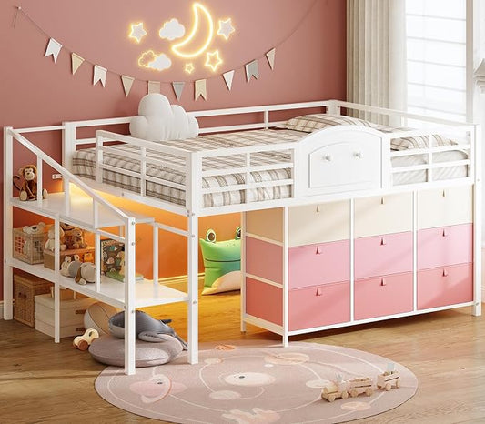 VIAGDO Low Loft Bed Full Size with 9 Storage Drawers and LED Lights, Metal Full Size Loft Bed with Stairway Shelf Storage, Low Loft Bed with Safety Guardrail and Under-Bed Hideaway for Kids, White