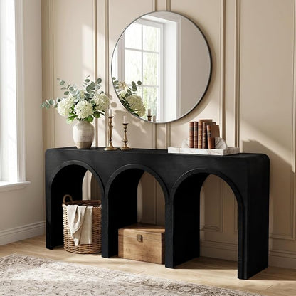 67" Long Arched Console Table, 15.5" Deep Modern Designer Entryway Table, Sculptural Triple Arch Sofa Table for Living Room, Hallway, Behind Couch, Multi-Scene Accent Furniture, Black Wood Finish