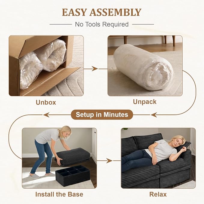 Upgrade Boneless Couch with Storage, Extra Deep&High Seat Modular Sectional Sofa 3 Seater U Shaped Cloud Couch with Ottoman, Tool-Free Assembly Sectional Couches for Living Room