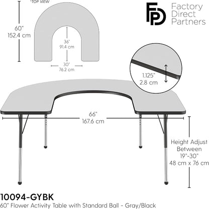 FDP Horseshoe Activity School and Office Table (60 x 66 inch), Standard Legs with Ball Glides for Collaborative Seating Environments, Adjustable Height 19-30 inches - Gray Top and Black Edge